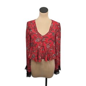 Cinq a Sept Blouse Womens Small Red Silk Lace Cuff Floral Peplum Top Long Sleeve